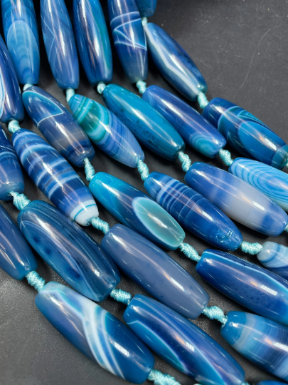 AAA Natural Blue Botswana Agate Gemstone Bead 14x40mm Barrel Shape. Gorgeous Blue Color Botswana Agate Gemstone Bead