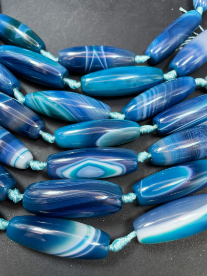 AAA Natural Blue Botswana Agate Gemstone Bead 14x40mm Barrel Shape. Gorgeous Blue Color Botswana Agate Gemstone Bead