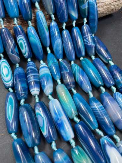 AAA Natural Blue Botswana Agate Gemstone Bead 14x40mm Barrel Shape. Gorgeous Blue Color Botswana Agate Gemstone Bead