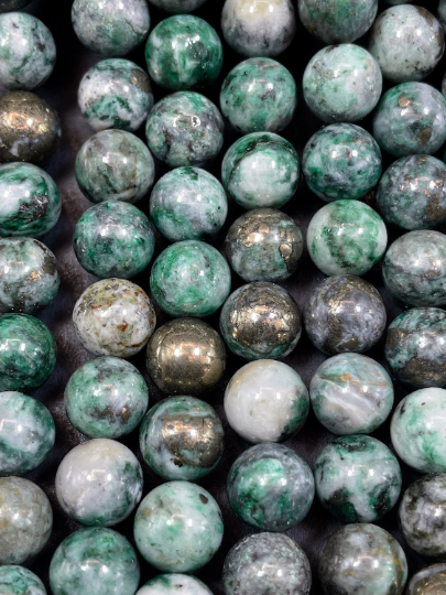 NATURAL Pyrite in Green Jade Gemstone Bead 6mm 8mm 10mm Round Beads. Gorgeous Green Color Copper Ore Gemstone Loose Beads Full Strand 15.5"