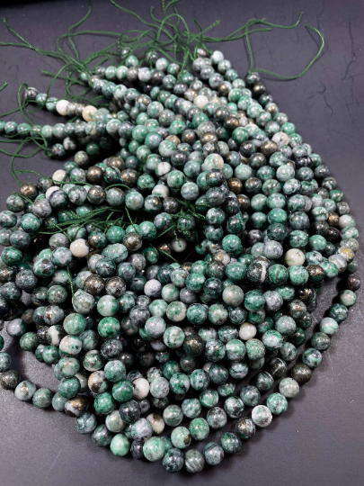 NATURAL Pyrite in Green Jade Gemstone Bead 6mm 8mm 10mm Round Beads. Gorgeous Green Color Copper Ore Gemstone Loose Beads Full Strand 15.5"