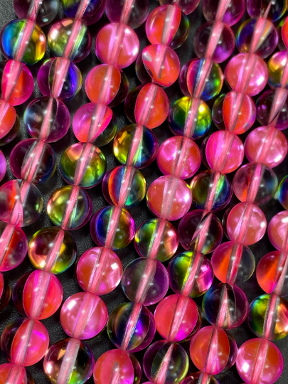 Beautiful Mermaid Glass Beads 6mm 8mm 10mm 12mm Round Beads. Gorgeous Light Pink Rainbow Color, Full 15.5" strand.