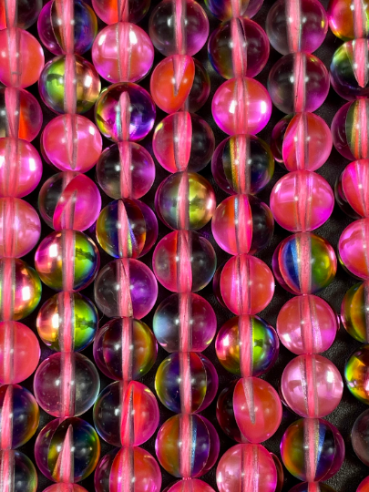 Beautiful Mermaid Glass Beads 6mm 8mm 10mm 12mm Round Beads. Gorgeous Light Pink Rainbow Color, Full 15.5" strand.