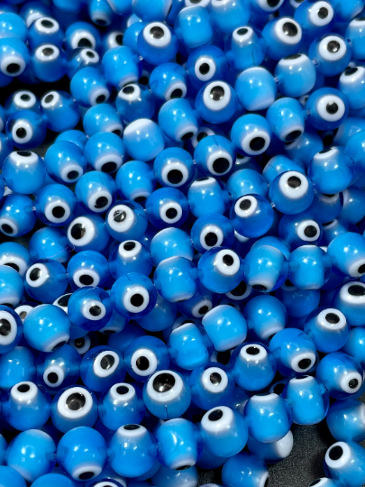 Evil Eye Glass Beads 6mm 8mm 10mm Round Beads, Beautiful Turquoise Blue White Black Color Evil Eye Glass Beads, Lucky Eye Bead Full Strand 15.5"