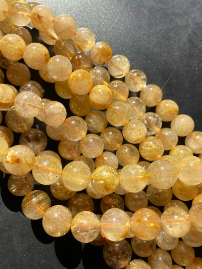 AA+ Natural Gold Rutilated Quartz Gemstone Bead 5mm 6mm 8mm 9mm 10mm 12mm Round Beads, Natural Golden Yellow Color Rutilated Quartz Gemstone Bead