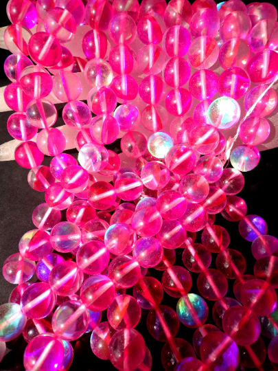 Mermaid Glass Beads 6mm 8mm 10mm 12mm Round Beads, Beautiful Rainbow Fuchsia Color Mermaid Glass Beads, Full Strand 15.5"