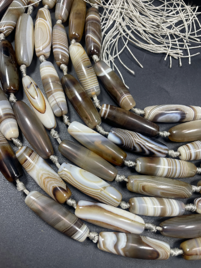 AAA Natural Botswana Agate Gemstone Bead 14x35mm Barrel Shape, Beautiful Brown Beige Color Botswana Agate Gemstone Beads Full Strand 15.5"