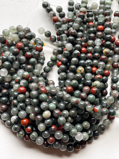 Natural African Bloodstone Gemstone Bead 4mm 6mm 8mm 10mm 12mm Round Bead, Beautiful Gray Red Color Bloodstone Gemstone Bead, Full Strand 15.5"