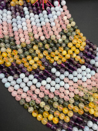 AAA Natural Multi Gemstone Beads 6mm 8mm 10mm Round Bead, Gorgeous Multicolor Mixed Gemstone Beads | Amethyst Aquamarine Citrine Prehnite Rose Quartz