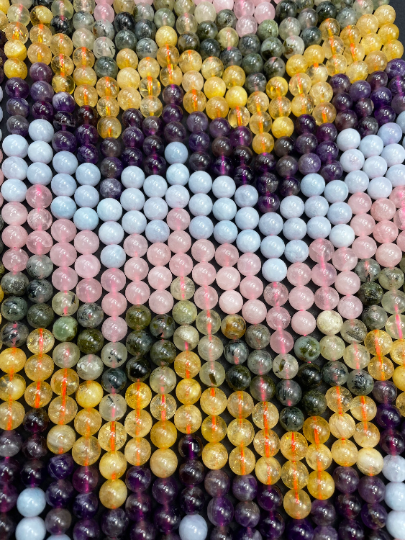 AAA Natural Multi Gemstone Beads 6mm 8mm 10mm Round Bead, Gorgeous Multicolor Mixed Gemstone Beads | Amethyst Aquamarine Citrine Prehnite Rose Quartz