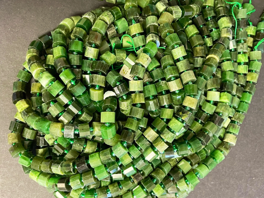 Natural Canadian Jade Gemstone Bead Faceted 9mm Cylinder Wheel Shape, Gorgeous Green Color Canadian Jade Beads