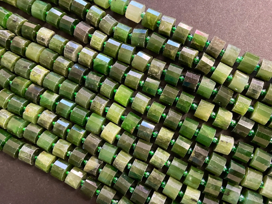 Natural Canadian Jade Gemstone Bead Faceted 9mm Cylinder Wheel Shape, Gorgeous Green Color Canadian Jade Beads