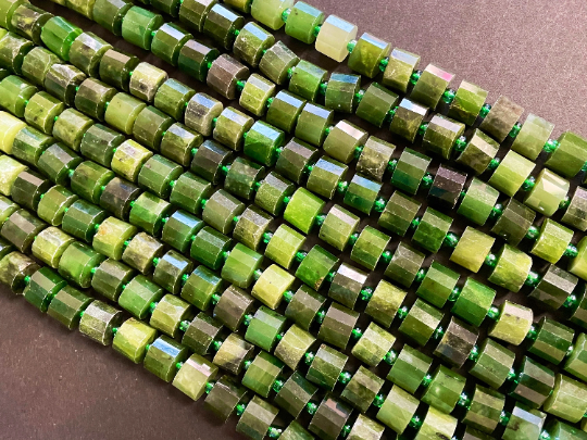 Natural Canadian Jade Gemstone Bead Faceted 9mm Cylinder Wheel Shape, Gorgeous Green Color Canadian Jade Beads