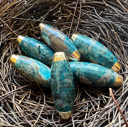 AAA Natural Blue Ocean Jasper Gemstone Bead. 15x42mm Barrel Shape Beads. Gold Fill Edge. Blue Beads. Great For Jewelry Making!