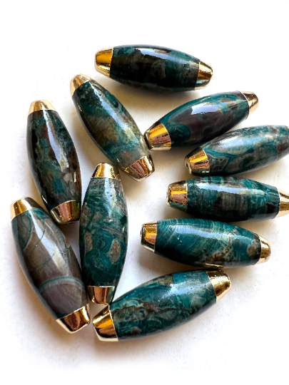 AAA Natural Blue Ocean Jasper Gemstone Bead. 15x42mm Barrel Shape Beads. Gold Fill Edge. Blue Beads. Great For Jewelry Making!