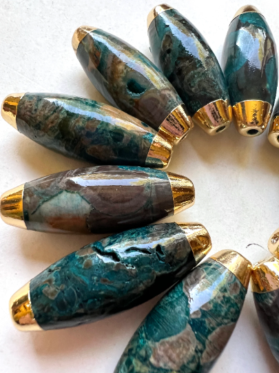 AAA Natural Blue Ocean Jasper Gemstone Bead. 15x42mm Barrel Shape Beads. Gold Fill Edge. Blue Beads. Great For Jewelry Making!