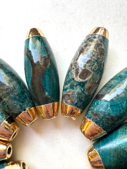 AAA Natural Blue Ocean Jasper Gemstone Bead. 15x42mm Barrel Shape Beads. Gold Fill Edge. Blue Beads. Great For Jewelry Making!