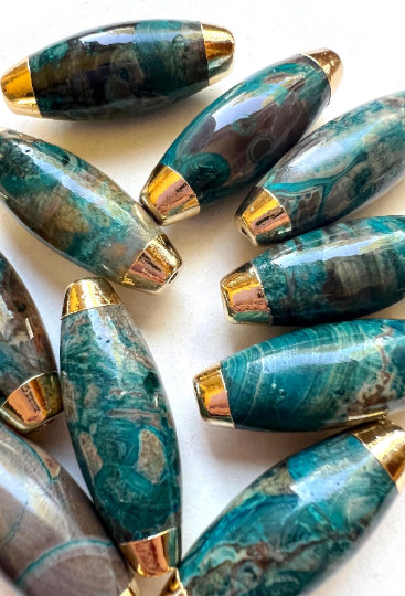 AAA Natural Blue Ocean Jasper Gemstone Bead. 15x42mm Barrel Shape Beads. Gold Fill Edge. Blue Beads. Great For Jewelry Making!