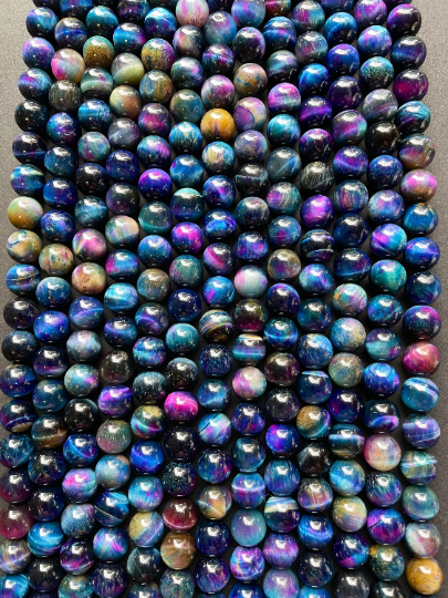 Natural Multicolor Galaxy Tiger Eye Gemstone Bead 6mm 8mm 10mm 12mm Round Bead, Gorgeous Multicolor Blue Purple Galaxy Tiger Eye Beads