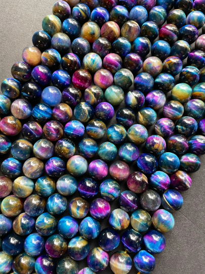 Natural Multicolor Galaxy Tiger Eye Gemstone Bead 6mm 8mm 10mm 12mm Round Bead, Gorgeous Multicolor Blue Purple Galaxy Tiger Eye Beads