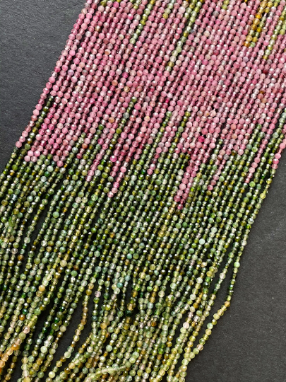 AAA Natural Tourmaline Gemstone Bead Faceted 2mm Round Bead, Beautiful Multicolor Pink Green Gemstone Beads 15.5"