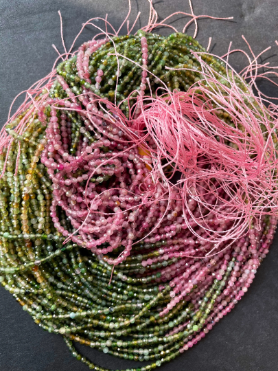 AAA Natural Tourmaline Gemstone Bead Faceted 2mm Round Bead, Beautiful Multicolor Pink Green Gemstone Beads 15.5"