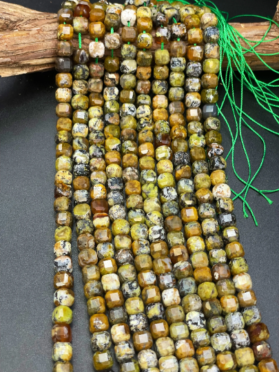 AAA Natural Green Opal Gemstone Bead Faceted 7mm Cube Shape, Beautiful Green Brown Color Opal Gemstone Beads