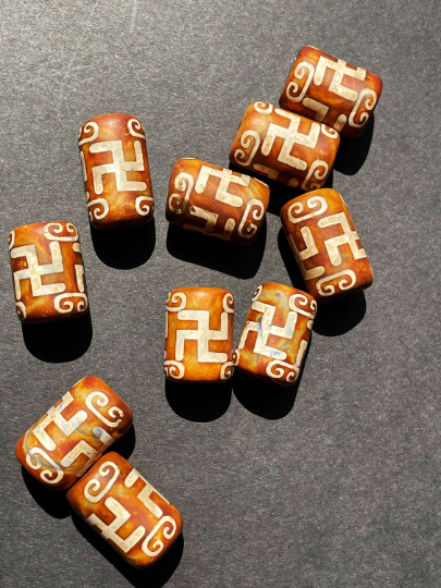 Natural Tibetan Gemstone Bead 22x13mm Tube Shape Bead, Brown Hand Painted Tibetan Bead, LOOSE BEADS