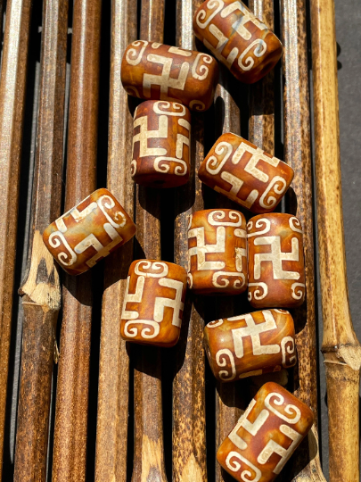 Natural Tibetan Gemstone Bead 22x13mm Tube Shape Bead, Brown Hand Painted Tibetan Bead, LOOSE BEADS