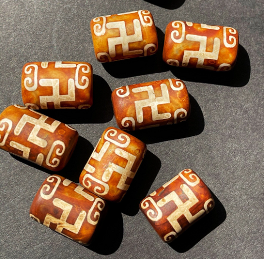 Natural Tibetan Gemstone Bead 22x13mm Tube Shape Bead, Brown Hand Painted Tibetan Bead, LOOSE BEADS