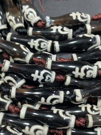 AAA Natural Tibetan Gemstone Bead 30x10mm Vase/Bottle Shape, Beautiful Black White Color Hand Painted Handmade Design Tibetan Gemstone Bead, Full Strand 15.5"