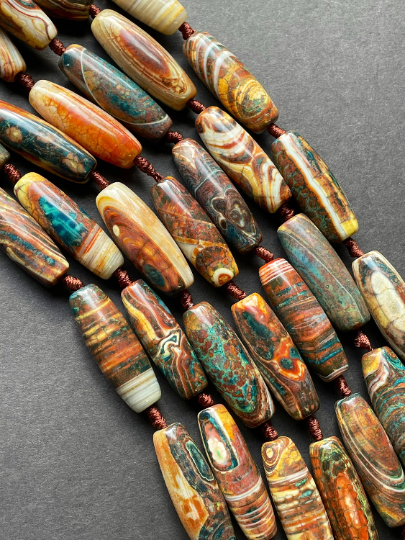 Beautiful Natural Tibetan Gemstone Bead 14x40mm Barrel Shape, Gorgeous Multicolor Brown Blue Colors Tibetan Gemstone Bead Full Strand 15.5"