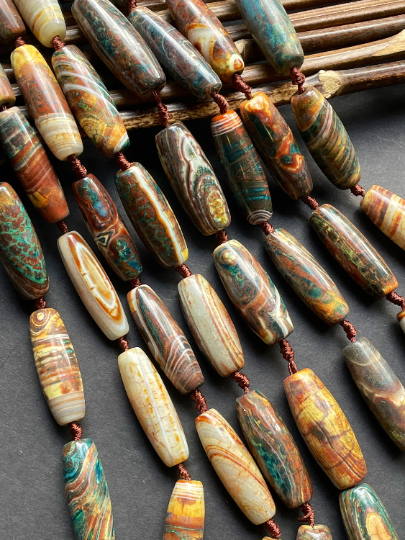 Beautiful Natural Tibetan Gemstone Bead 14x40mm Barrel Shape, Gorgeous Multicolor Brown Blue Colors Tibetan Gemstone Bead Full Strand 15.5"