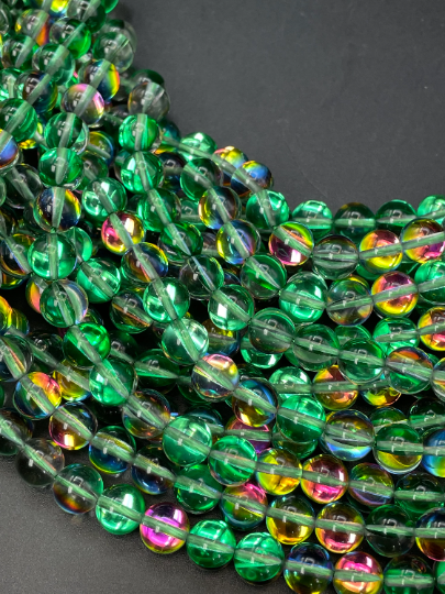 Mermaid Glass Beads, 6mm 8mm 10mm 12mm Round Beads, Beautiful Rainbow Glossy Green Beads, Great Quality Beads, Full Strand 15.5 inch