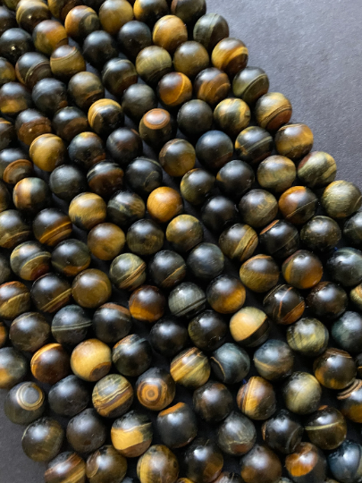 Natural Matte Tiger Eye Gemstone Bead 4mm 6mm 8mm 10mm 12mm Round Beads, Matte Black Brown Tiger Eye Gemstone Beads Full Strand 15.5"