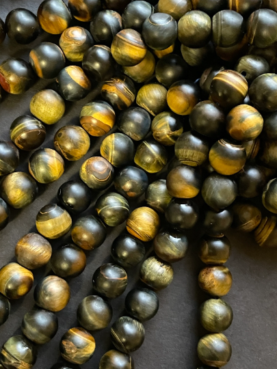 Natural Matte Tiger Eye Gemstone Bead 4mm 6mm 8mm 10mm 12mm Round Beads, Matte Black Brown Tiger Eye Gemstone Beads Full Strand 15.5"