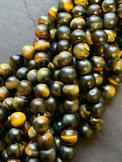 Natural Matte Tiger Eye Gemstone Bead 4mm 6mm 8mm 10mm 12mm Round Beads, Matte Black Brown Tiger Eye Gemstone Beads Full Strand 15.5"