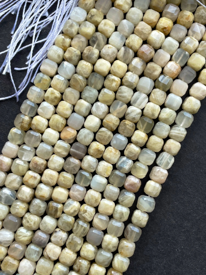 Natural Moonstone Gemstone Bead Faceted 8mm Cube Shape Bead, Beautiful Cream Beige Color Moonstone Gemstone Bead