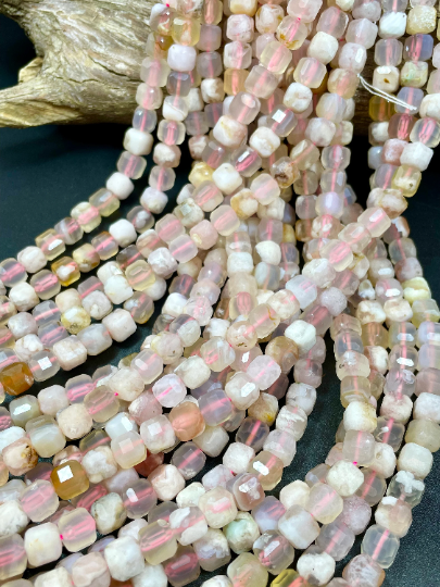 AAA Natural Cherry Blossom Flower Agate Gemstone Bead Faceted 8mm Cube Shape, Gorgeous Natural Beige Light Pink Clear Color Beads