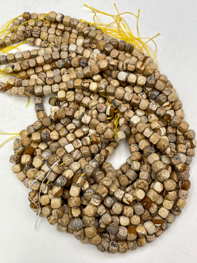 AAA Natural Picture Jasper Gemstone Bead Faceted 6.5mm Cube Shape, Beautiful Beige Brown Color Picture Jasper Beads Full Strand 15.5"