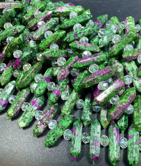 Natural Ruby Zoisite Gemstone Bead Faceted 8x30mm Double Point Barrel Shape, Natural Green Ruby Color Ruby Zoisite Beads Full Strand 15.5"