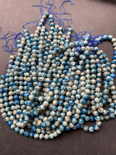 Natural K2 Stone Bead 6mm 8mm 10mm Round Beads, Gorgeous Gray Blue Color with Black Specks K2 Bead, Great Quality  Full Strand 15.5"