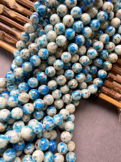 Natural K2 Stone Bead 6mm 8mm 10mm Round Beads, Gorgeous Gray Blue Color with Black Specks K2 Bead, Great Quality  Full Strand 15.5"