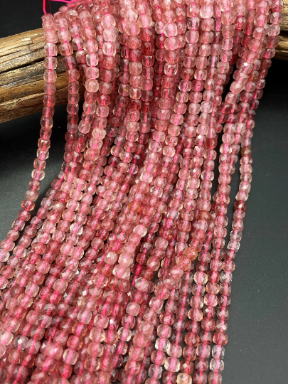 AAA Natural Red Strawberry Quartz Gemstone Bead Faceted 4mm Cube Shape Bead, Beautiful Natural Red Pink Color Strawberry Quartz, Full Strand 15.5"