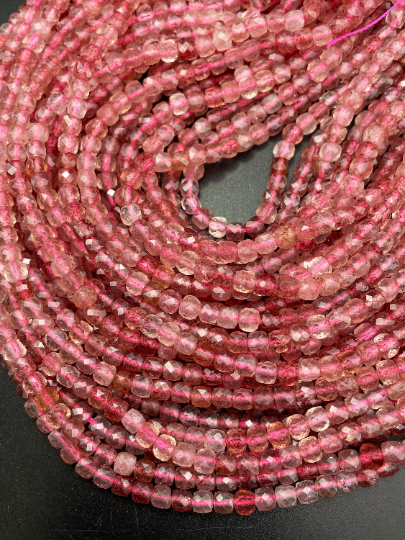 AAA Natural Red Strawberry Quartz Gemstone Bead Faceted 4mm Cube Shape Bead, Beautiful Natural Red Pink Color Strawberry Quartz, Full Strand 15.5"