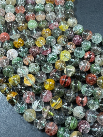 AAA Natural Rutilated Phantom Ghost Crystal Quartz Gemstone Bead, 7mm 8mm 9mm 10mm Round Beads, Beautiful Multicolor Quartz Excellent Quality 15.5" Strand