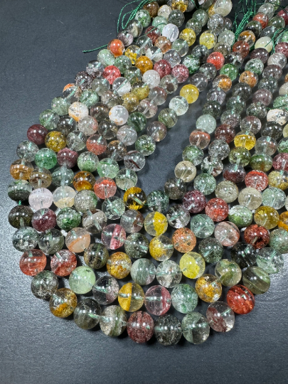 AAA Natural Rutilated Phantom Ghost Crystal Quartz Gemstone Bead, 7mm 8mm 9mm 10mm Round Beads, Beautiful Multicolor Quartz Excellent Quality 15.5" Strand