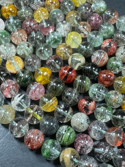 AAA Natural Rutilated Phantom Ghost Crystal Quartz Gemstone Bead, 7mm 8mm 9mm 10mm Round Beads, Beautiful Multicolor Quartz Excellent Quality 15.5" Strand