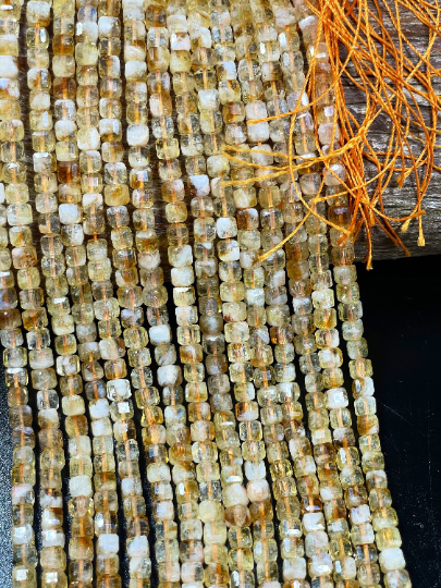 Natural Citrine Gemstone Bead Faceted 5mm Cube Shape Bead, Beautiful Natural Honey Yellow Orange Color Citrine Beads, Full Strand 15.5"