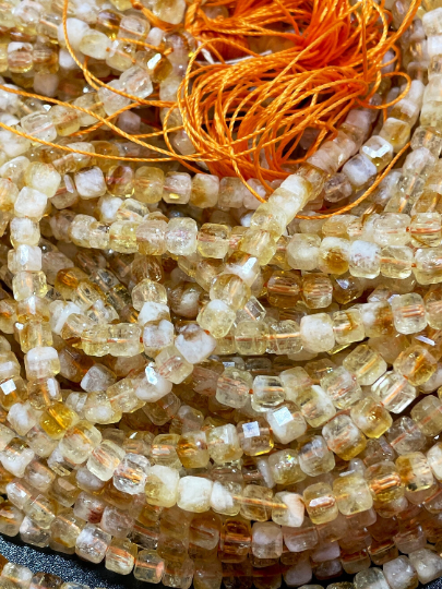 Natural Citrine Gemstone Bead Faceted 5mm Cube Shape Bead, Beautiful Natural Honey Yellow Orange Color Citrine Beads, Full Strand 15.5"